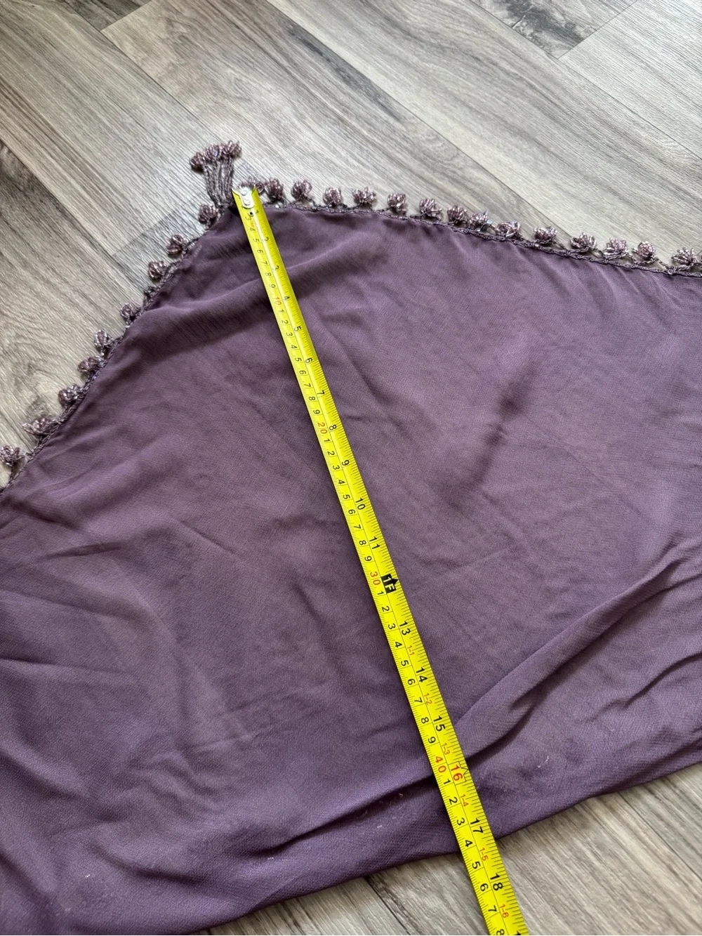 Sheer Chiffon Triangle Scarf Wrap with Beaded Crochet Fringe Mauve Purple Boho